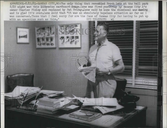 1961 Press Photo Frank Lane Fired By Kansas City Athletics Owner Finley - Historic Images