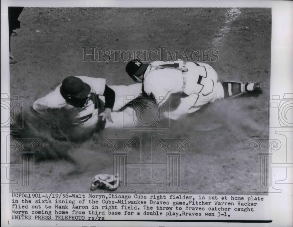 1956 Press Photo Walt Moryn, Cubs, out at home - Historic Images