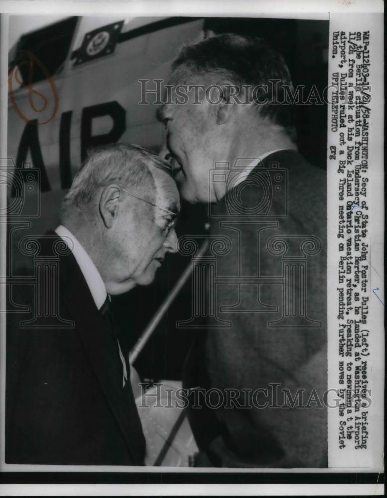 1958 Press Photo Secretary Of State John Foster Dulles &amp; Christian Herter - Historic Images