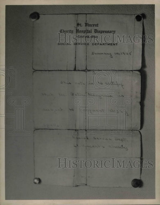 1948 Press Photo St. Vincent Charity Hospital Dispensary Medical Certificate - Historic Images