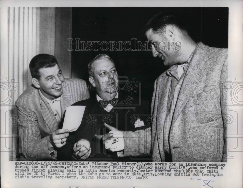 1956 Press Photo Cubs Pitcher Paul Minner, Catcher Harry Chiti &amp; Bob Lewis - Historic Images