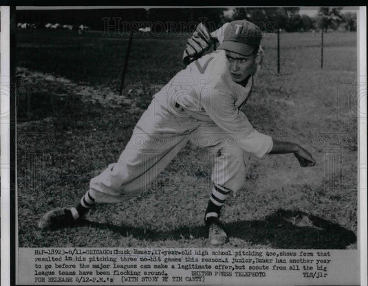 1953 Press Photo Star High School Pitcher Chuck Bauer Has One Year - nea21597 - Historic Images
