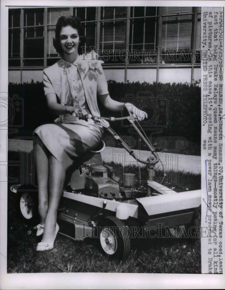 1958 Press Photo Sharon Henson, Drake University Relays Queen, on lawn mower - Historic Images