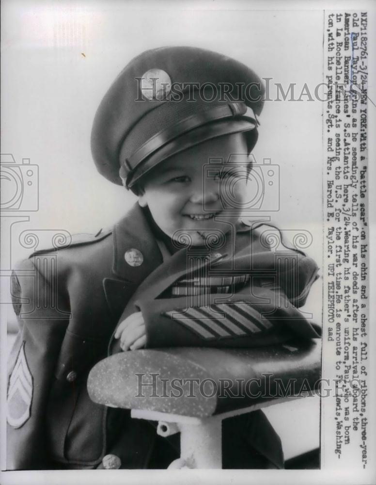 1959 Press Photo Paul Taylor, 3 yrs old in dads military uniform - nea25998 - Historic Images