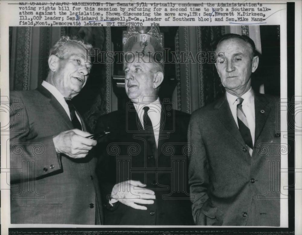 1962 Press Photo Sen.Everett Dirkensen, Sen,Richard Russell,Sen.Mike Mansfield. - Historic Images