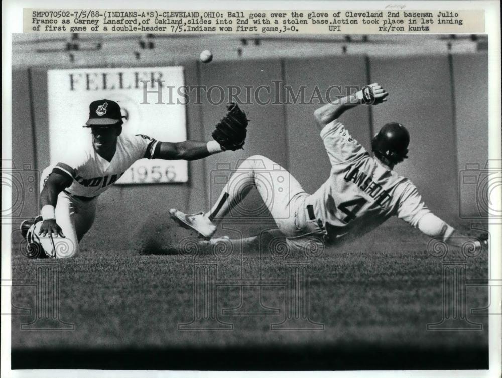 1988 Press Photo Indians Julio Fraanco & Oaklands Carney Lansford - Historic Images