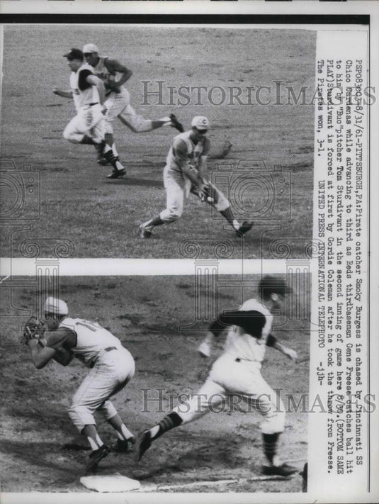 1961 Press Photo Pirate Catcher Smoky Burgess Chicago Cardenas Reds Gene Freese - Historic Images
