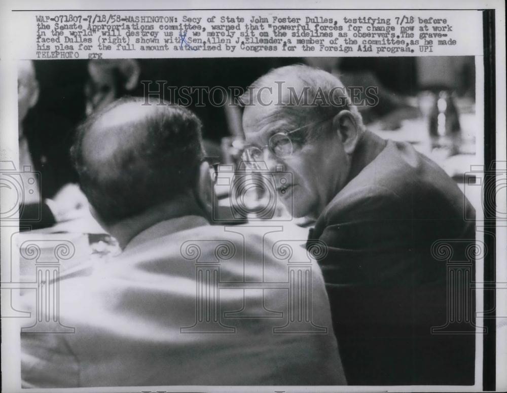 1958 Press Photo Secretary of State John Foster Dulles &amp; Senator Ellender - Historic Images