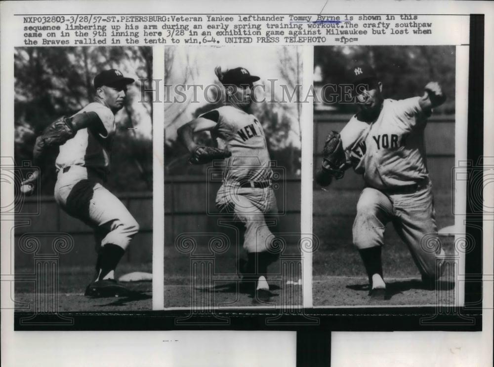1957 Press Photo New York Yankees Pitcher Tommy Byrne During Training - Historic Images