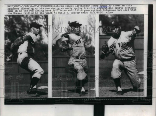 1957 Press Photo New York Yankees Pitcher Tommy Byrne During Training - Historic Images