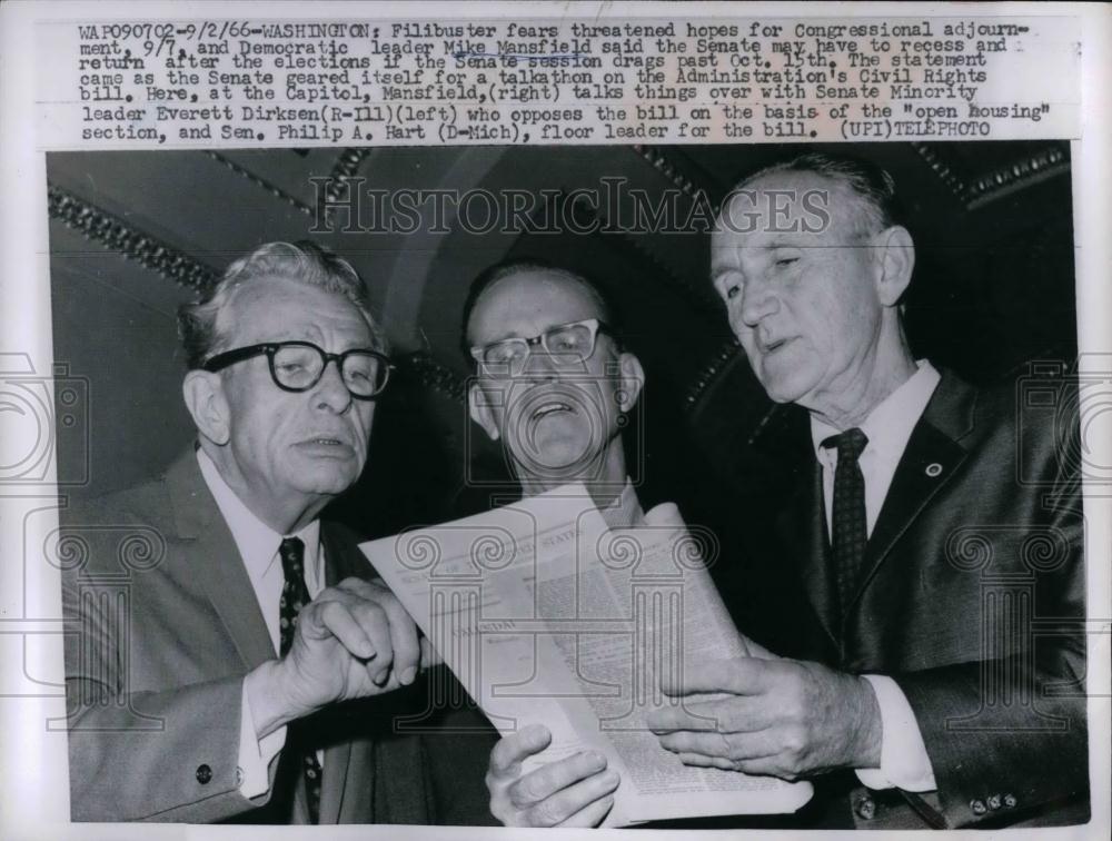 1966 Press Photo Mike Mansfield talked with Sen.Everett Dirksen, Sen.Philip Hart - Historic Images
