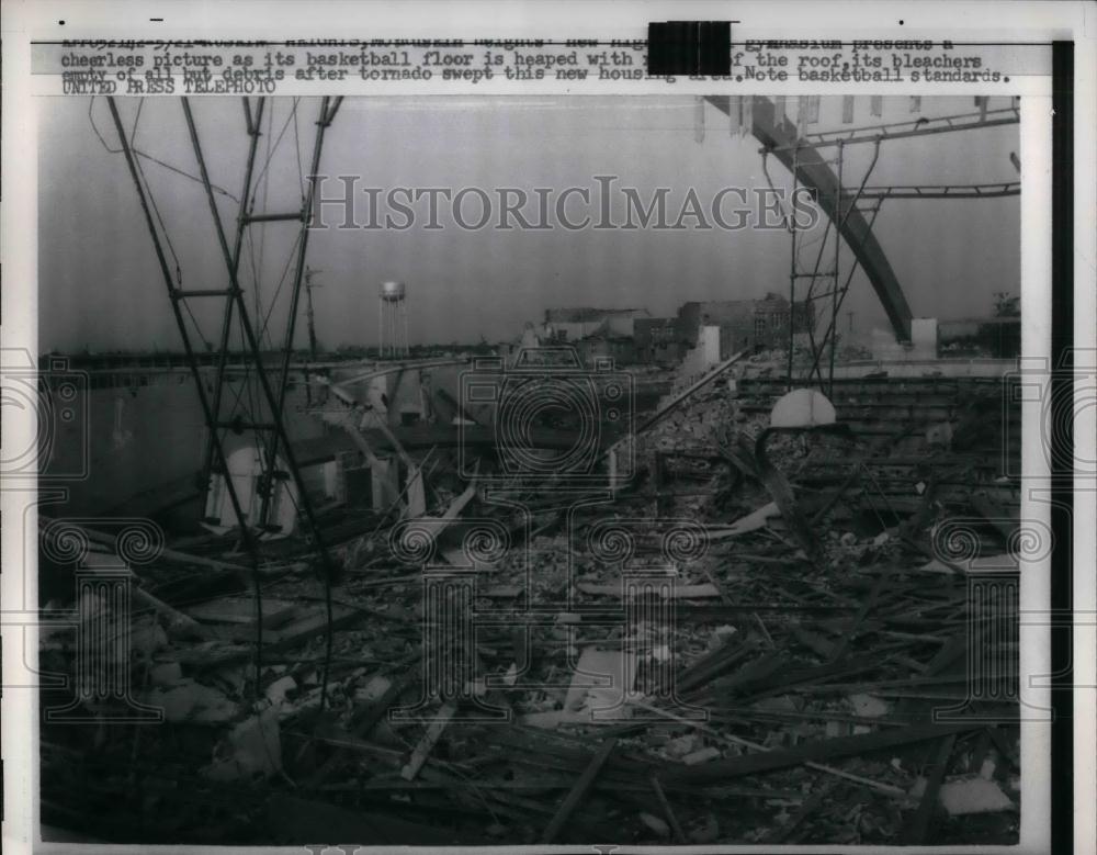 1957 Press Photo Basketball Floor torn up by Tornado - nea21238 - Historic Images