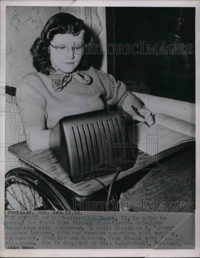 1952 Press Photo Polio victim Genevieve Hagan in school through voice telephone. - Historic Images