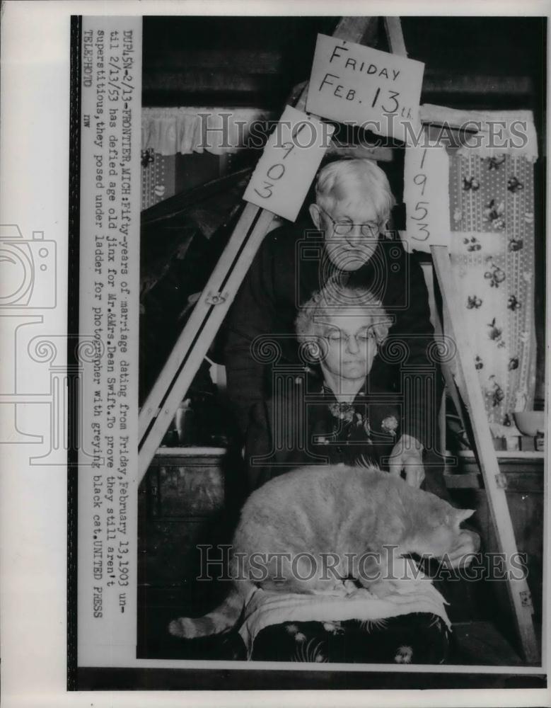 1953 Press Photo Mr. and Mrs. Dean Swift married on Friday the 13th, 1903 - Historic Images