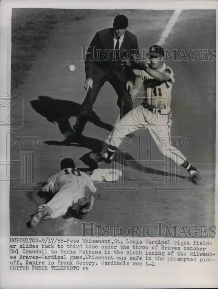 1955 Press Photo Cardinals Pete Whisenant slide to 3rd vs Braves Ed Matthews - Historic Images