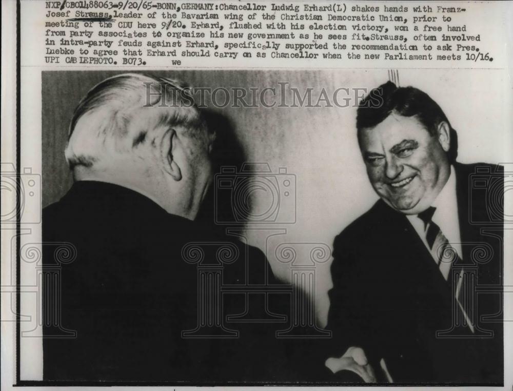 1965 Press Photo German Chancellor Ludwig Erhard & Franz Josef Strauss of Bavari - Historic Images