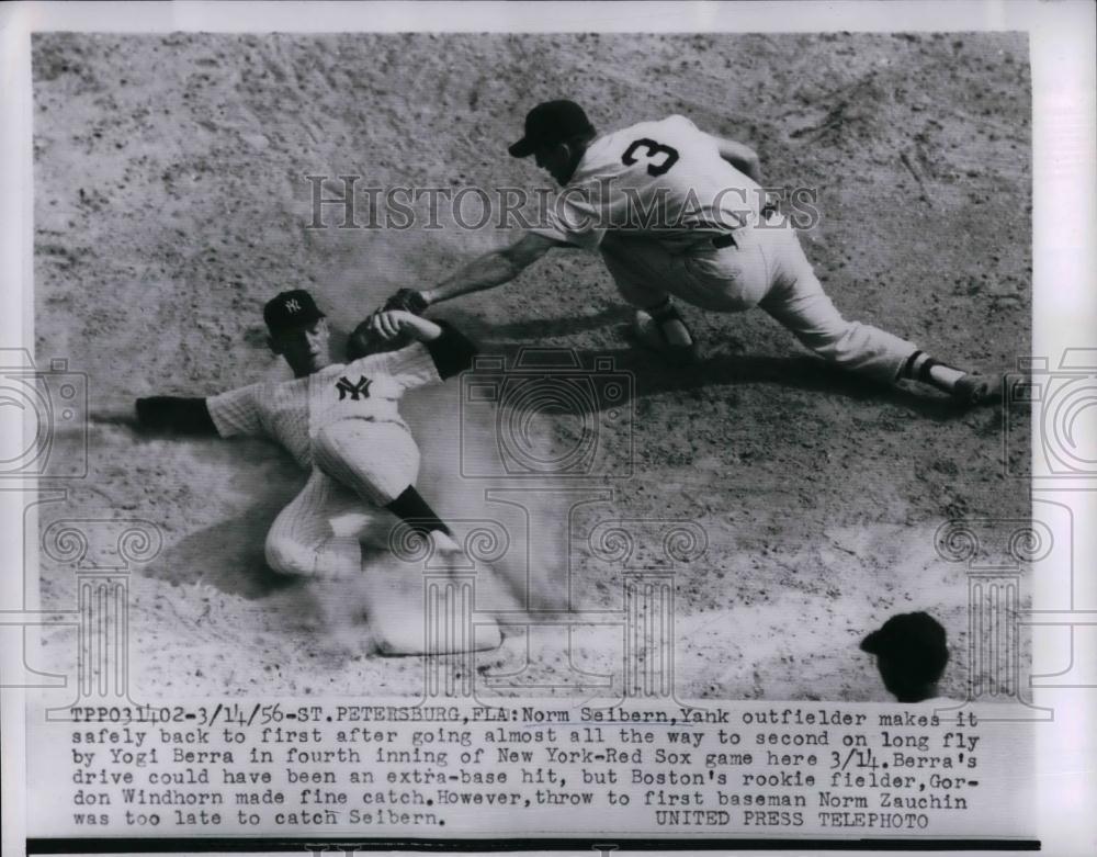 1956 Press Photo Yankee Norm Seibern Safe At 1st On Berra Drive - nea20410 - Historic Images