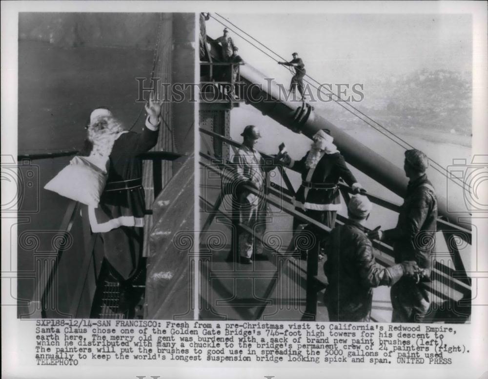 1954 Press Photo Santa Claus Visits The Golden Gate Bridge Gives Paint Brushes - Historic Images