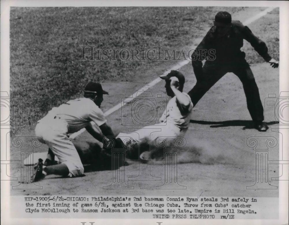 1953 Press Photo Phillies Connie Ryan steals in against the Chicago Cubs. - Historic Images