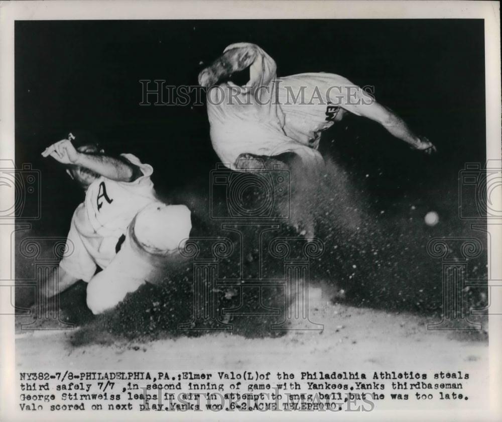 1949 Press Photo Phil, A&#39;s Elmer Valo vs Yankees George Stirnweiss - nea24244 - Historic Images