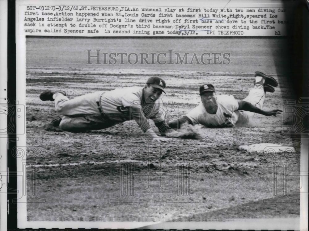 1962 Press Photo St. Louis Cards first baseman Bill White &amp; Dodgers&#39; 3rd baseman - Historic Images