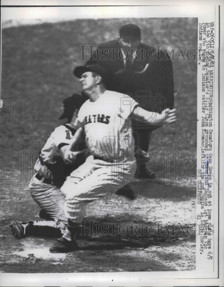 1961 Press Photo Senators Gene Green, tagged out at home plate against Cleveland - Historic Images