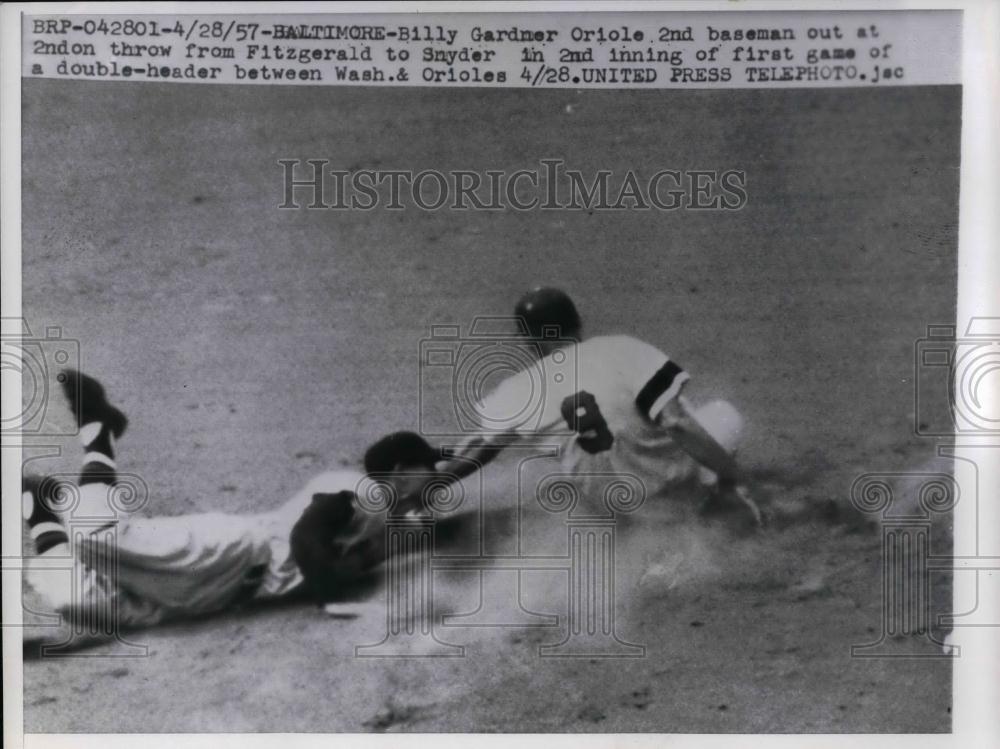 1957 Press Photo Billy Gardner of Baltimore Orioles Out at Second - nea24874 - Historic Images