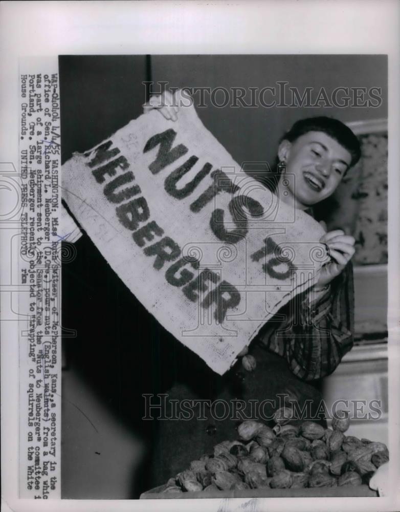 1955 Press Photo Ruth Switzer &amp; shipment of nuts for Senator RL Neuberger - Historic Images