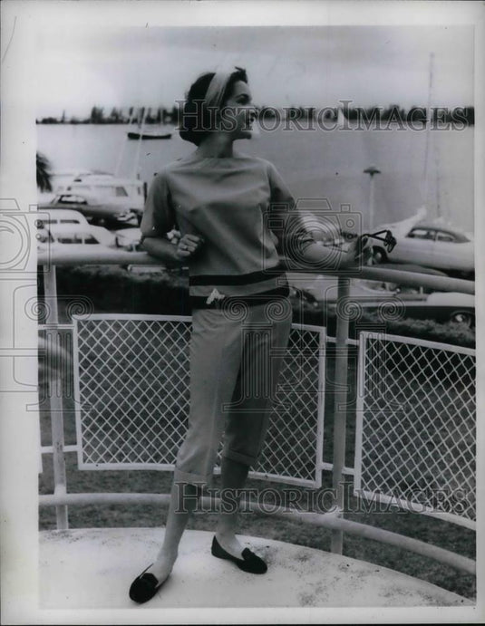 1957 Press Photo Woman posed with a fashioned shirt and pants. - nea29625 - Historic Images