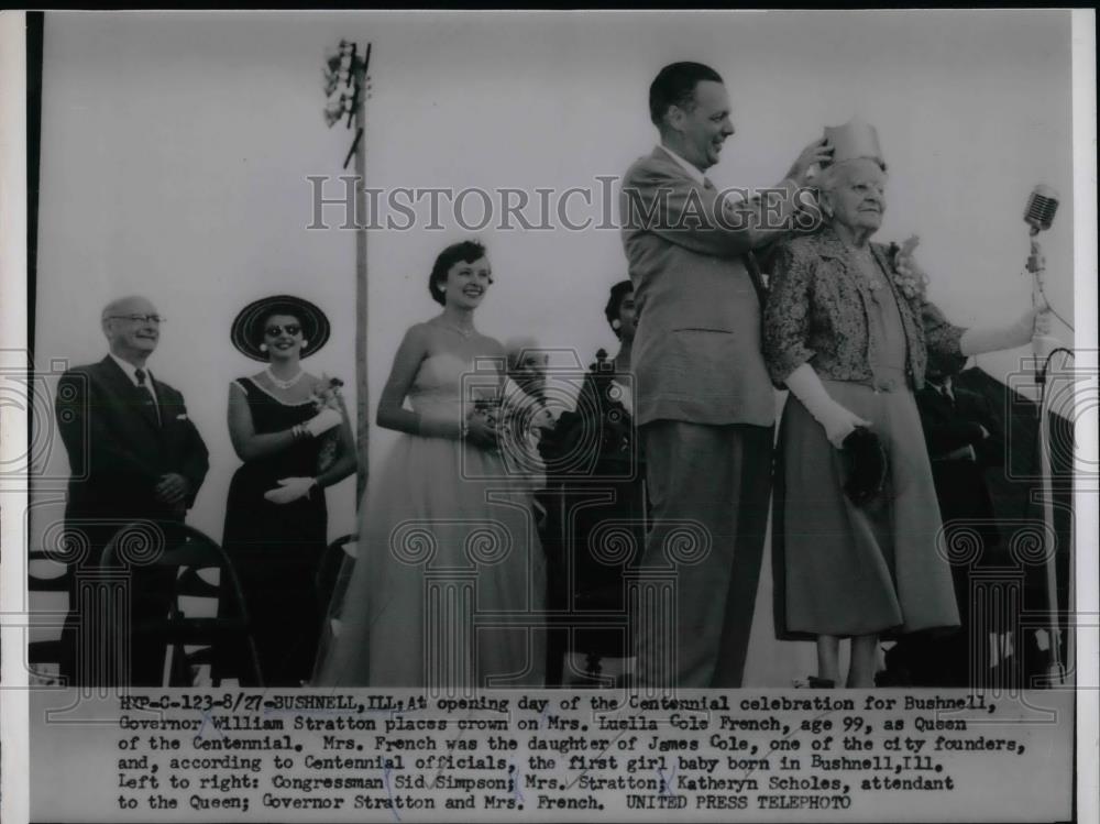 1954 Press Photo Ill. Gov William Stratton, Mrs L Cole French at Centennial - Historic Images