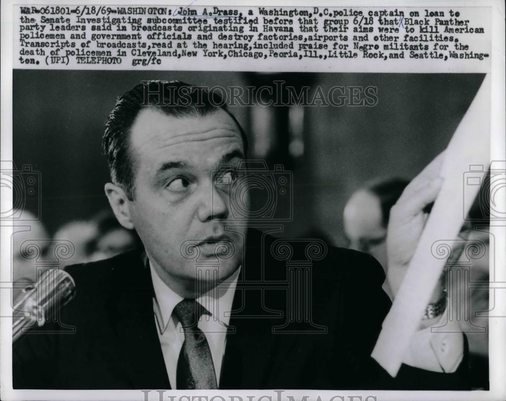 1969 Press Photo Washinton D.C. Police Captain John A. Drass Testifies - Historic Images