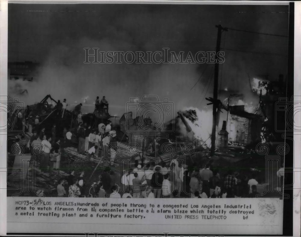 1953 Press Photo Spectators Watching 4 Alarm Fire in Los Angeles Industrial Park - Historic Images