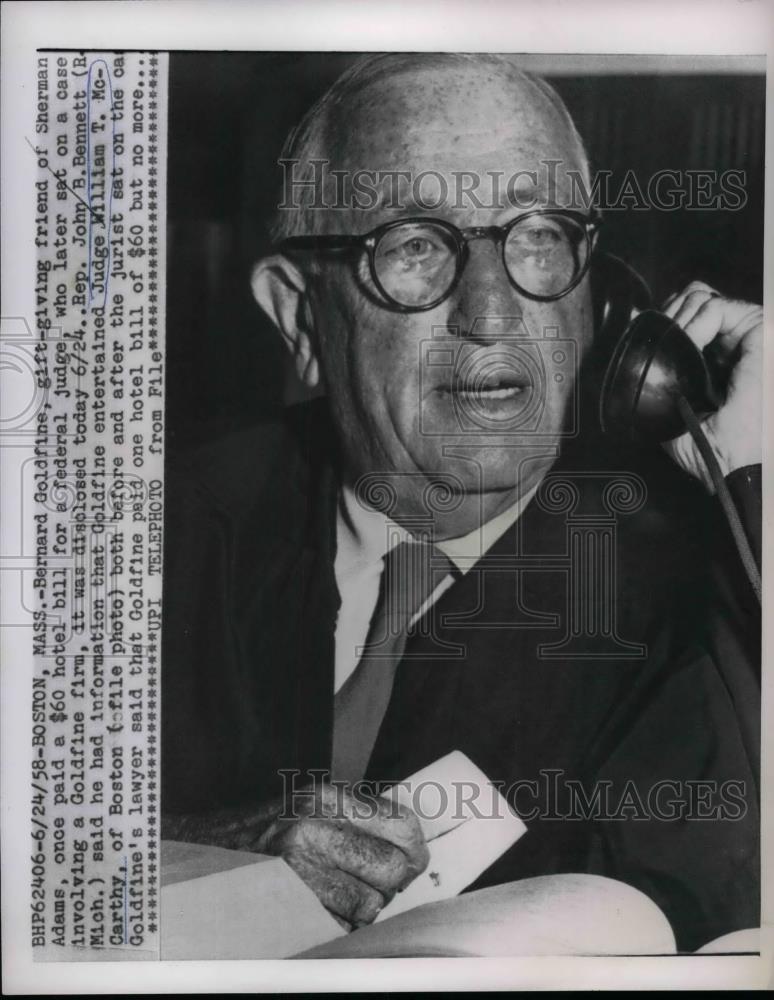 1958 Press Photo Bernard Goldfine Paid Hotel Bill For Federal Judge - nea31406 - Historic Images