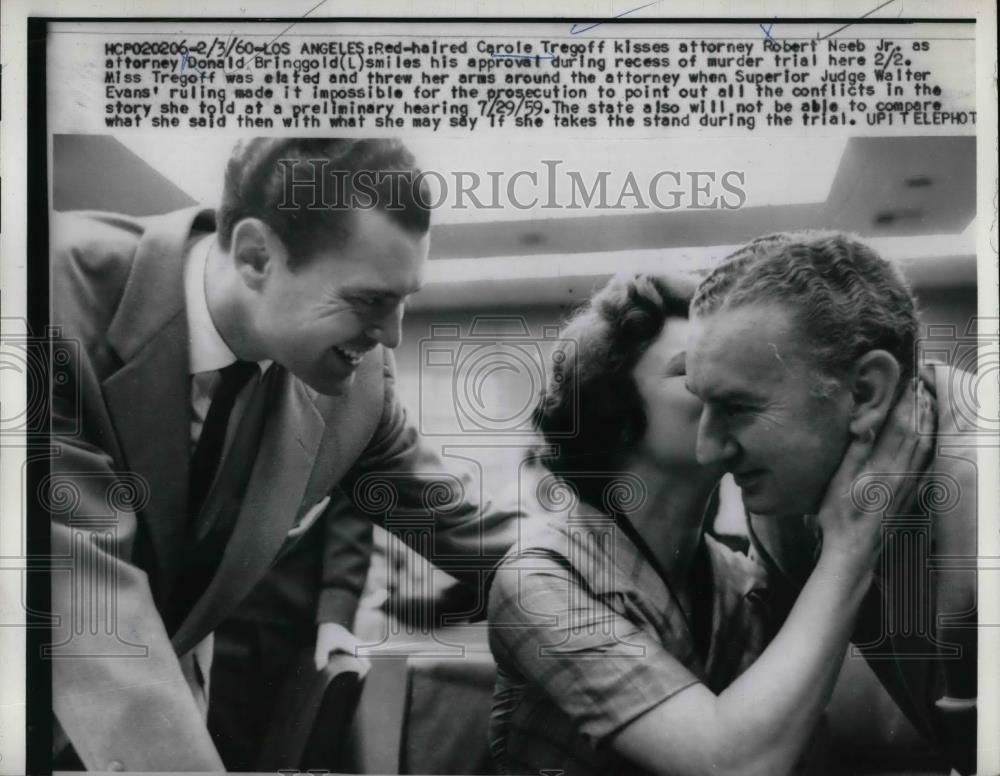 1960 Press Photo Carole Tregoff kiss her Atty.Robert Need Jr. & Donald Bringgold - Historic Images