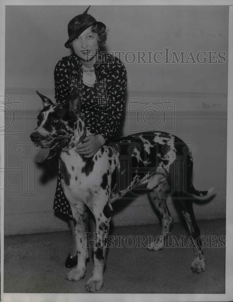 1934 Press Photo Mrs.John Mitchell Hutchins with her Great Dane Dog. - nea29919 - Historic Images