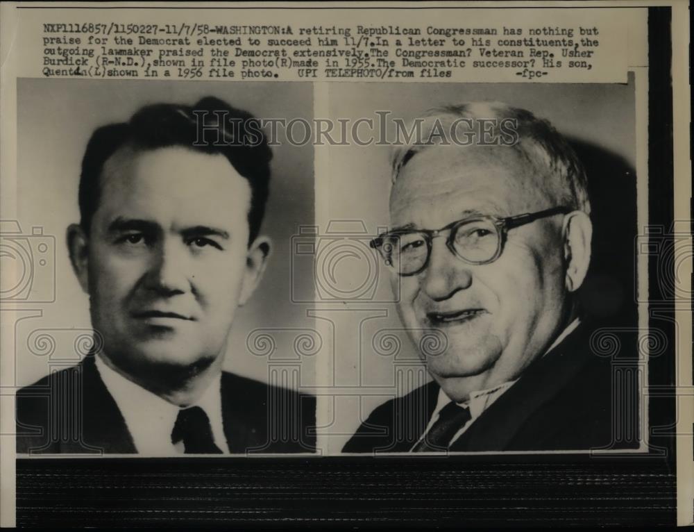 1958 Press Photo Rep.Usher Burdick of North Dakota and Successor his son Quentin - Historic Images