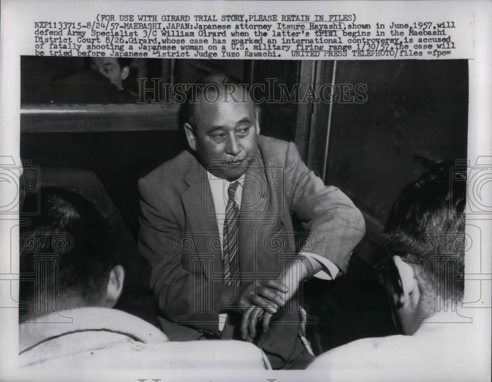 1957 Press Photo Itsuro Hayashi, Japanese Atty. in Measbashi District Court. - Historic Images