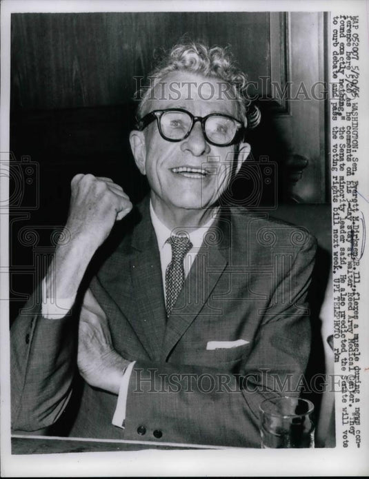 1965 Press Photo Sen. Everett Dirksen Gestures about Recent Hospital Stay - Historic Images