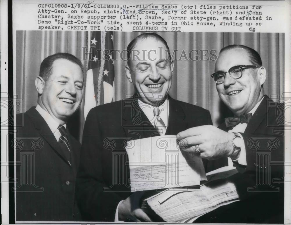 1961 Press Photo Will Saxbe, Ted Brown & John Chester Supporter of Saxbe - Historic Images