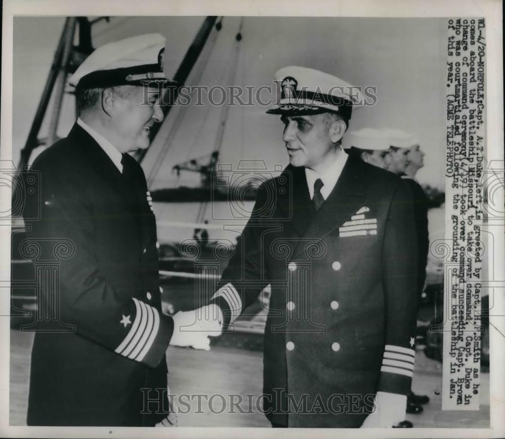 1950 Press Photo A.T. Duke Greeted by Capt. H. P. Smith Battleship Missouri - Historic Images