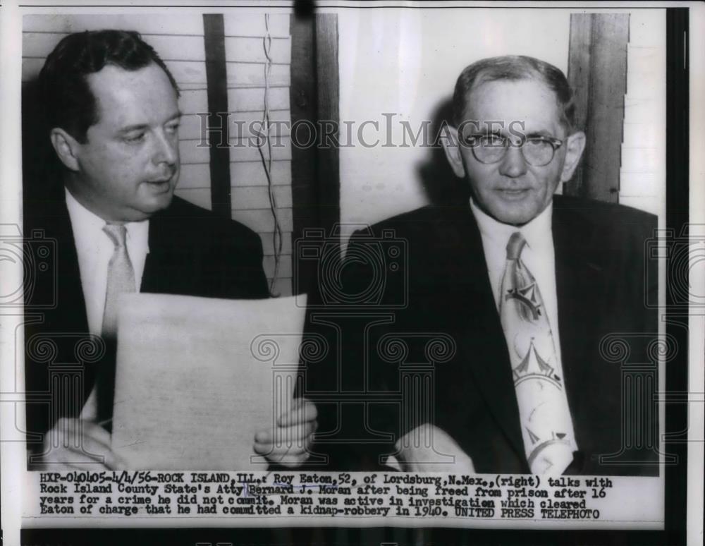 1956 Press Photo Roy Eaton With State Atty Bernard Moran After Release - Historic Images