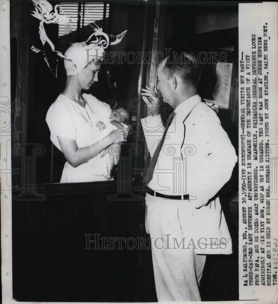1950 Press Photo Brig Gen Devereux Visits Newborn Son - nea29219 - Historic Images