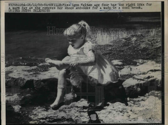 1958 Press Photo Lynn Melton, age 4 wades ina brook - nea33522 - Historic Images