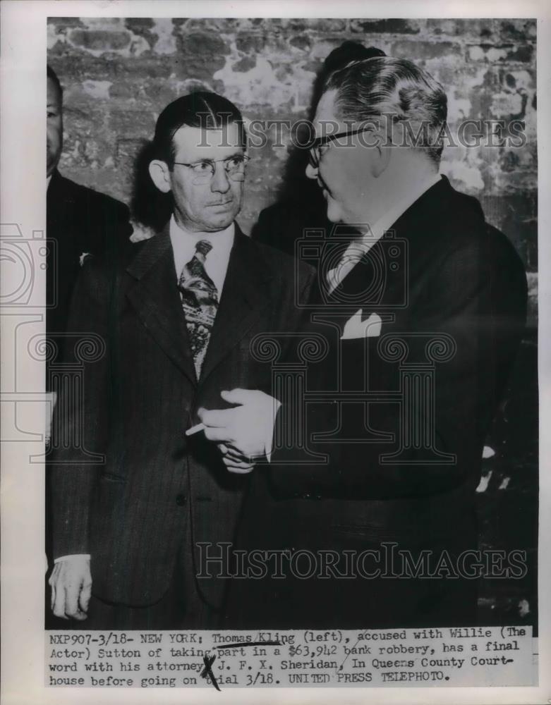 1952 Press Photo Accused bank robber Thomas Kling &amp; atty JFX Sheridan - Historic Images