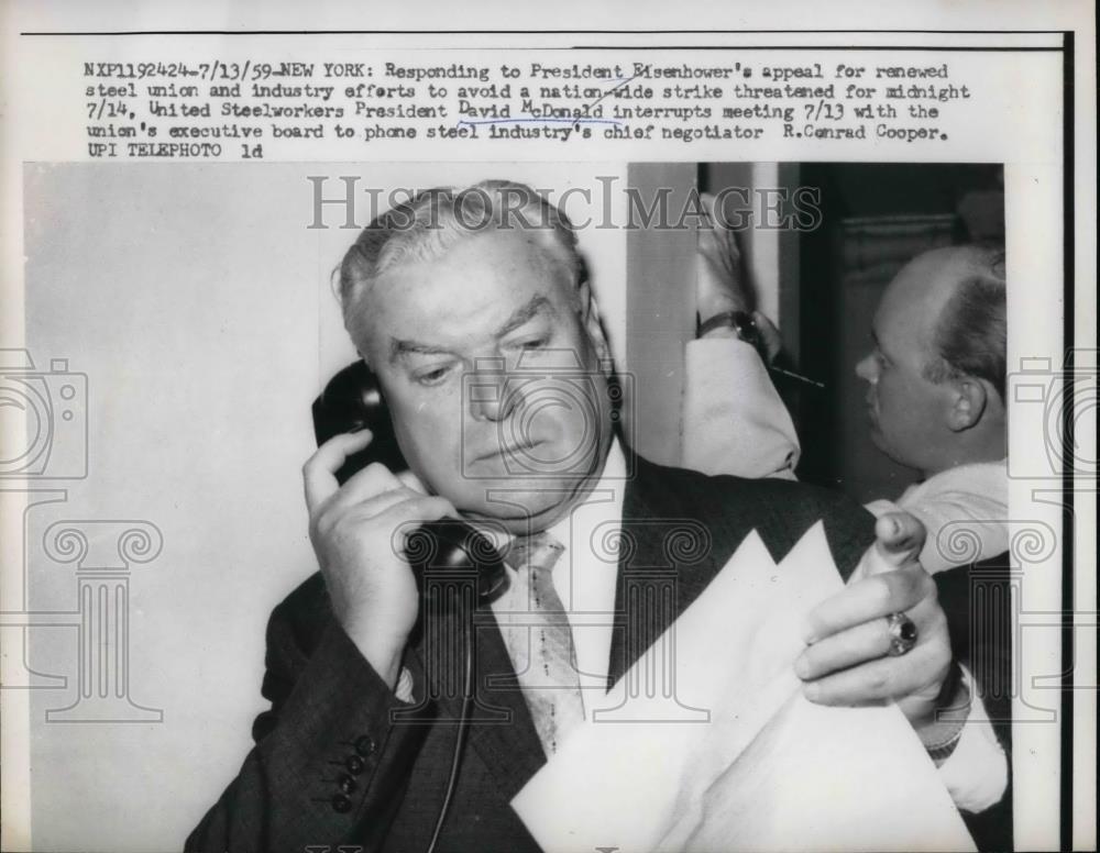 1959 Press Photo Steelworker President David McDonald om the phone - nea32421 - Historic Images