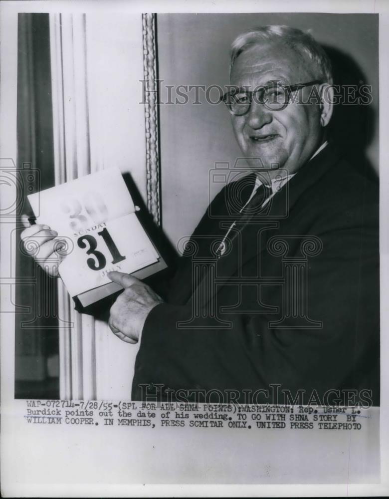 1955 Press Photo Representative Usher L. Burdick Points out wedding Date - Historic Images