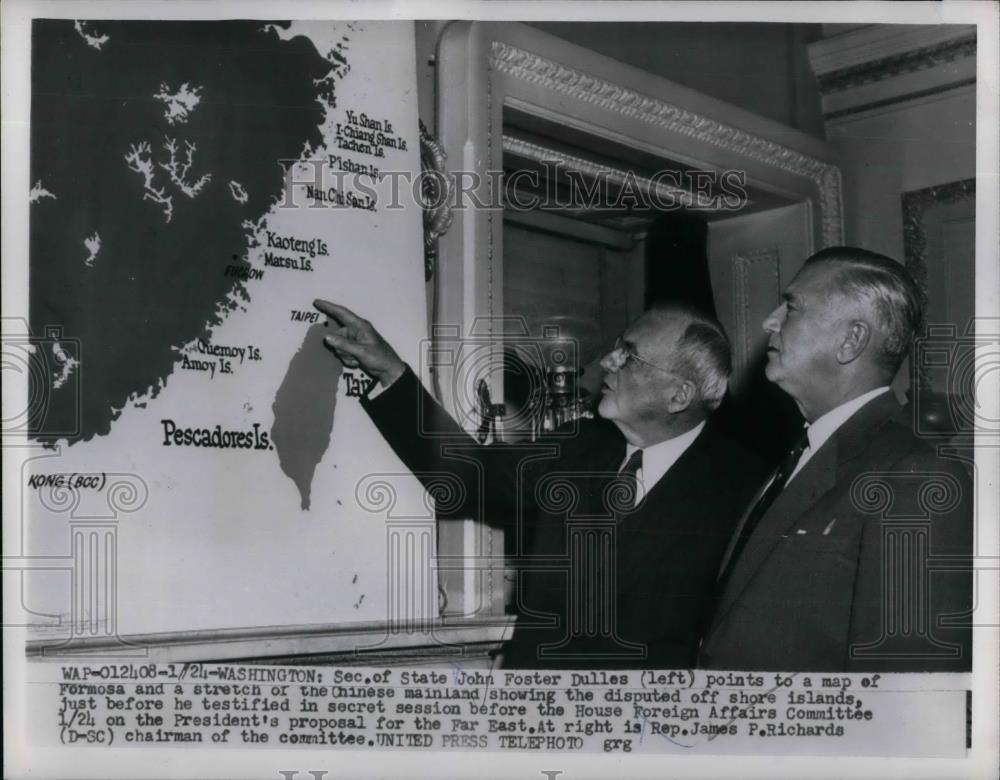1955 Press Photo Sec of State John Foster Dulles in D.C with Rep James Richards - Historic Images