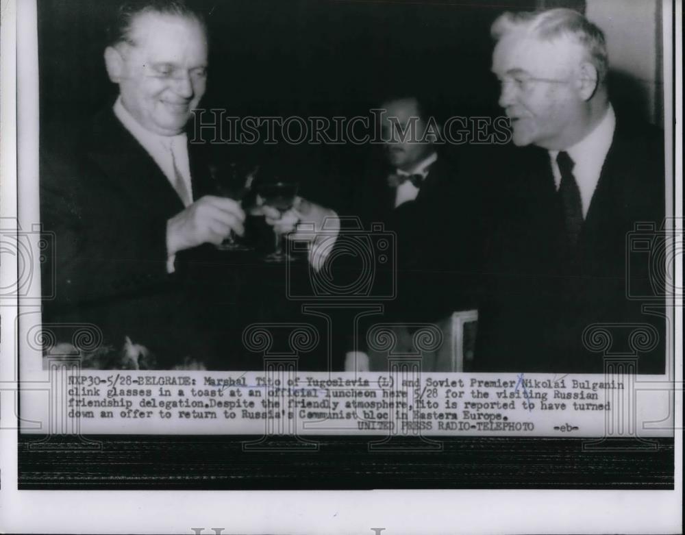 1955 Press Photo Marshal Tito of Yugoslavia and Soviet Premier Nikolai Bulgranin - Historic Images
