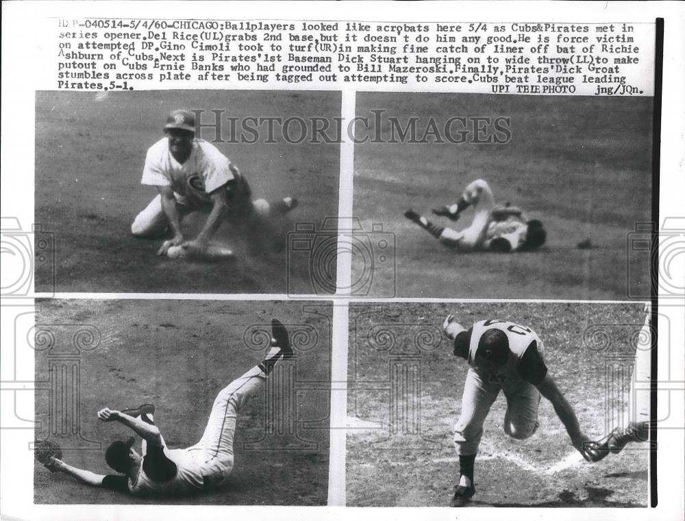 1960 Press Photo Cubs Pirates Game Del Rice Gino Cimoli Dick Stuart Dick Groat - Historic Images