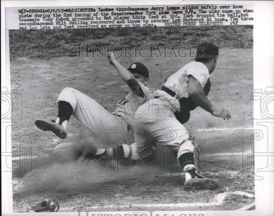 1957 Press Photo New York Yankees Third Baseman Jerry Lumpe Sliding To Home - Historic Images